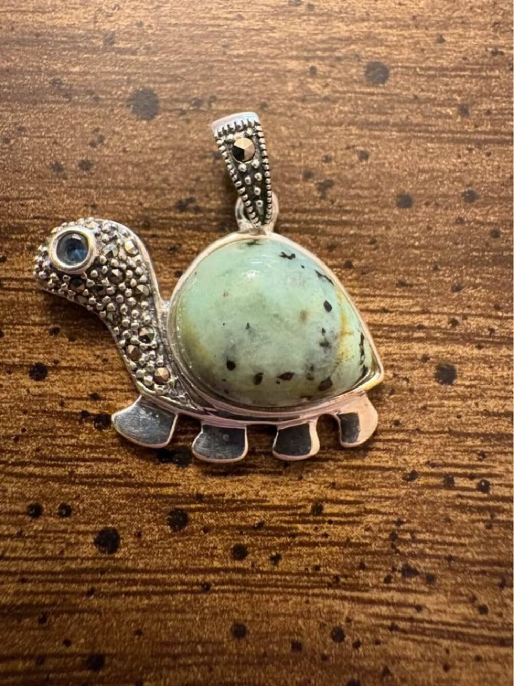 925 Sterling Silver Turtle Pendant with Green Stone and Marcasite
